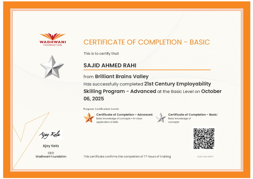 21st Century Employability Program certificate from Wadhwani Foundation