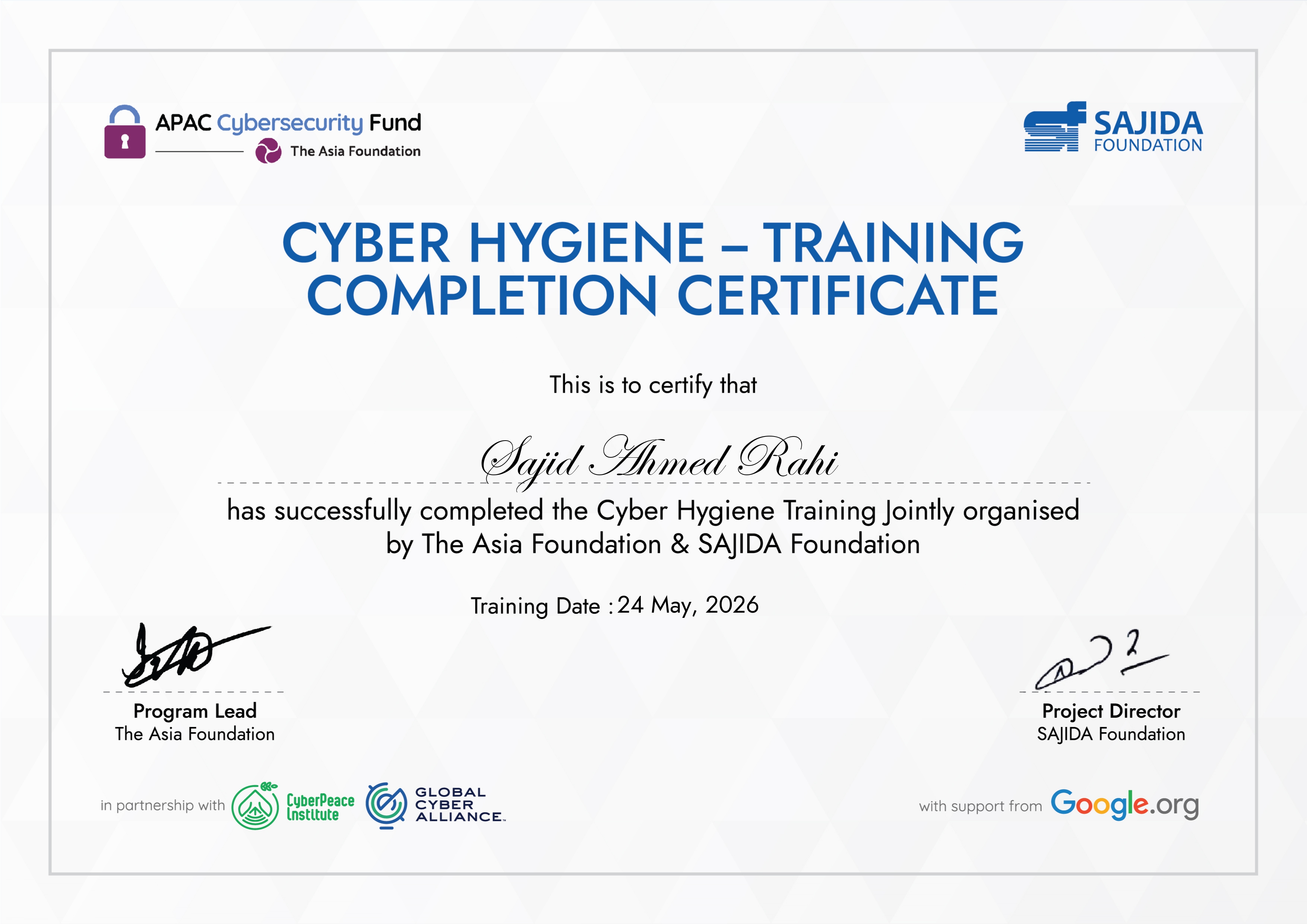 Cyber Hygiene Training Course certificate